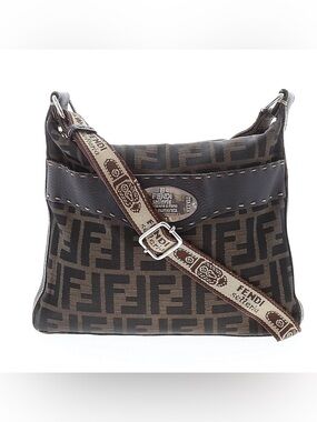 Fendi Vintage Brown Zucca FF Logo Messenger Bag with Jacquard Strap